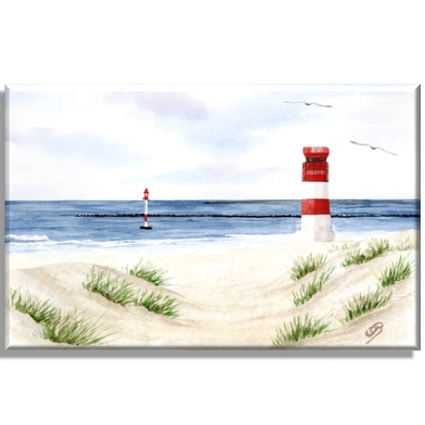 Leinwand 40 x 30 cm Keilrahmen Canvas-Leinen Aquarell Maritim Kunst Druck Kunstdruck Nordsee Insel Helgoland   Leuchtturm Strand Düne